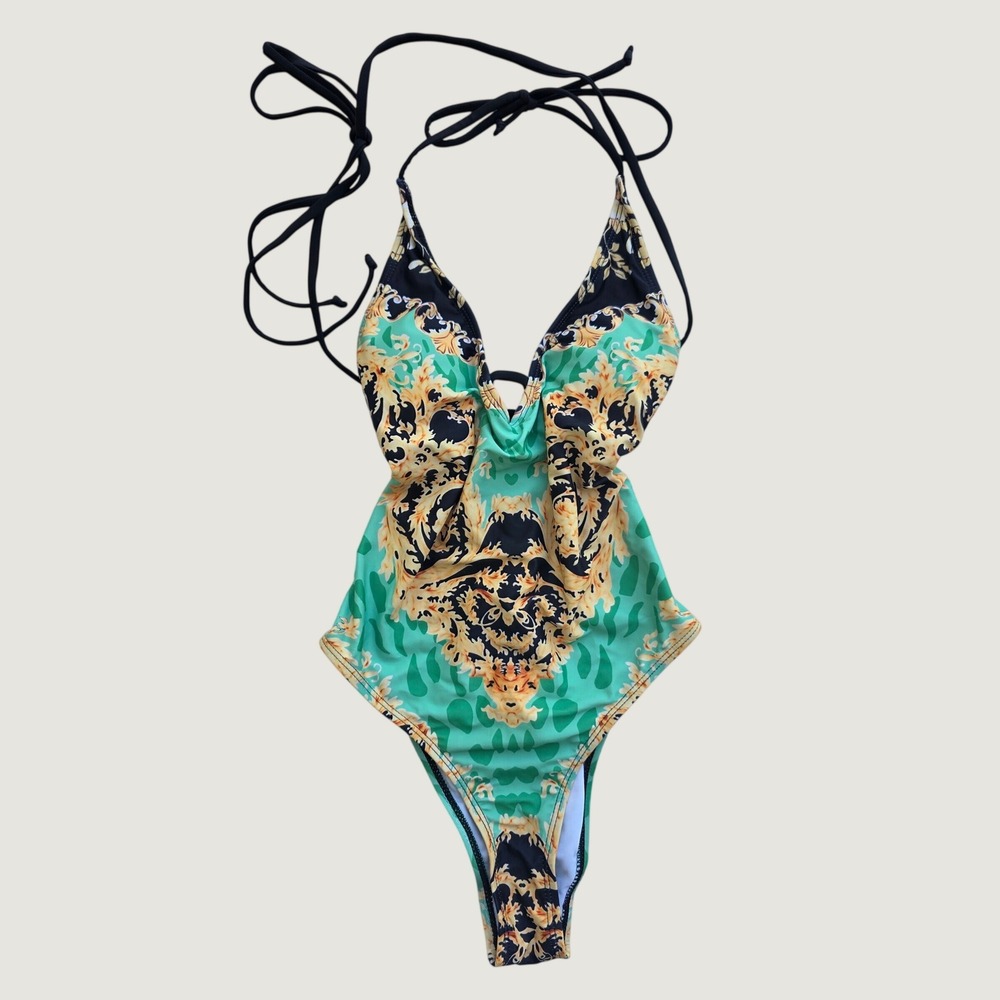 NEW One Piece Swimsuit M Plunging Backless Lace Up High Leg Exotic Paisley
